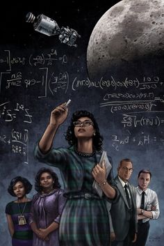 an image of a woman writing on a chalkboard with the moon in the background