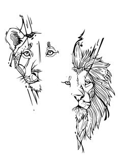 two lions with orange eyes are shown in this tattoo design