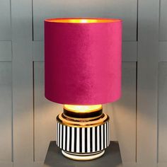 Humbug Black & White Stripe Small Ceramic Table Lamp with Fuchsia Pink Velvet Shade White Stripes Wedding, Pink Lamp Shade, Pink Obsession, Striped Decor, Stylish Table Lamps, Pink Table Lamp, Chic Lighting, Girl Bedroom Walls