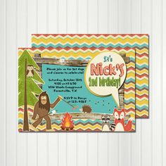 an image of a birthday party card with animals and trees on the front, and a monkey in the back