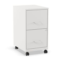 a white filing cabinet with two drawers on casteors and wheels, against a white background