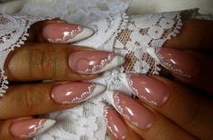 Amazing lace nails, stiletto shape, wedding nails Wedding Nails With Lace, French Nails Almond With Diamonds, White Tip Wedding Nails, Wedding Nails For Bride Almond Shape White, White Lace Nails Wedding, Lace French Nails, Lace Almond Nails, Lace Bridal Nails, Bridal Nails Unique