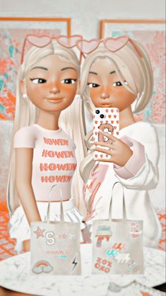 two girls holding up their cell phones in front of some paper bags on a table