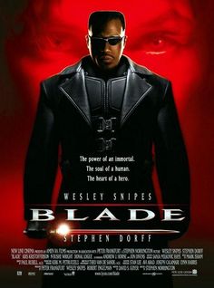 a movie poster for blade with an image of a man in black leather suit and sunglasses