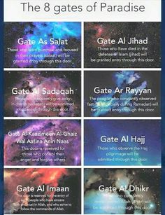 the eight gates of paradise in different languages, with text above them and below it