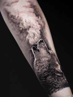 a black and white photo of a wolf on the arm