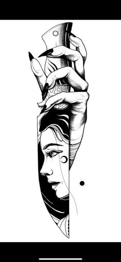 a black and white drawing of a woman's face holding a knife in her hand