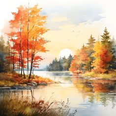 a painting of an autumn landscape with trees and water