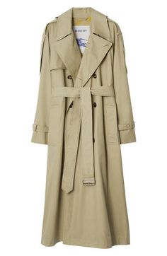 A signature trench coat is cut in an oversized silhouette from breathable, water-resistant cotton gabardine with elongated epaulets. The undercollar and lining are patterned in Burberry house check. 50 1/2" length (size 12) Double-breasted button closure Notched lapels Belted cuffs Front welt pockets Epaulets Gun flap; storm flap Removable belt Back button-up vent Lined 100% cotton Dry clean Made in the UK Designer Clothing Burberry Trenchcoat, Burberry Shorts, Executive Fashion, Burberry Trench, Burberry Trench Coat, Women Hunters, Coat Outfits, Burberry Women, Trench Coats Women