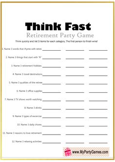 a printable game for kids to play with the words, think fast and retirement party game