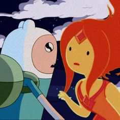 an animated image of two people in front of a sky with clouds and the words adventure time written on it