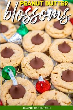 peanut butter blossoms cookies on a cooling rack