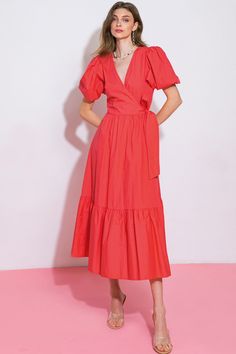 Look stunning and glamorous in this PERFECT ALLURE POPLIN MIDI DRESS. This midi dress is crafted from lightweight poplin fabric, featuring a surplice neckline, short puff sleeves and a self sash tie to complement the tiered skirt. Show off your fashion sense while getting a comfortable and stylish fit every time! Details Self:100% Cotton Size & Fit - Model is 5`8" And Wearing Size Small - Measurements Taken From Size Small - Approx. Length: 50" Office Lookbook, Appropriate Outfits, Meeting Ideas, Skirt Details, Corporate Attire, Short Puff Sleeve, Bright Winter, Flying Tomato