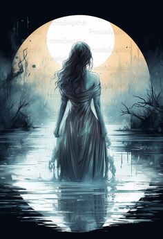 a woman is standing in the water with her back to the camera and looking at the moon