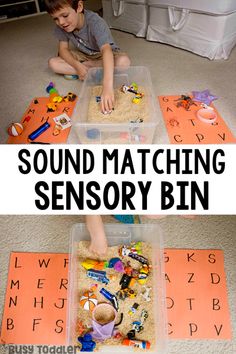 a young boy playing with sand and toys in a plastic bin that says sound matching sensory bin