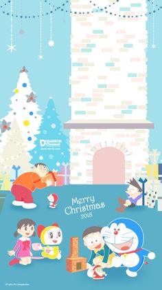 an animated christmas card with cartoon characters around the holiday tree and presents in front of it