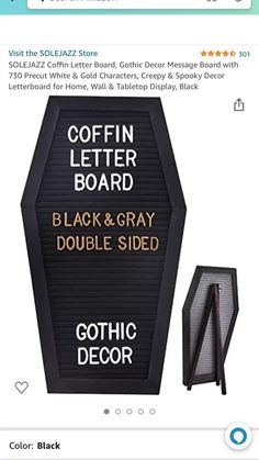 a black and white sign that says coffin letter board, black & gray double sided gothic decor