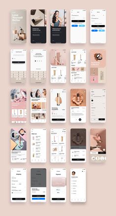 the app design is designed to look like it has many different sections and colors, including pink