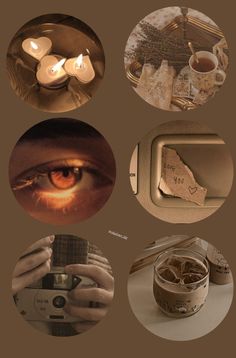 a collage of pictures with candles, teacups and other things in them