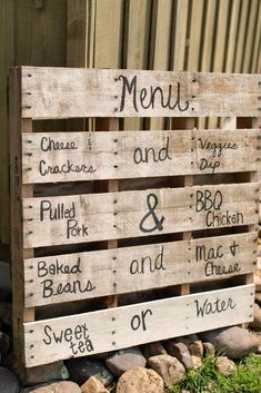 a wooden sign sitting on top of a pile of rocks next to a building with the words menu and prices written on it