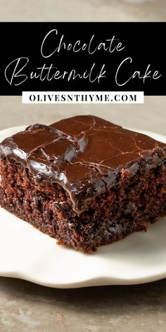 chocolate buttermilk cake on a white plate