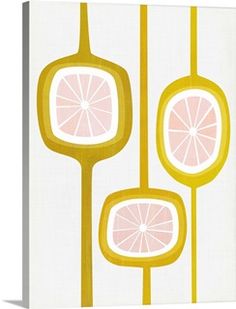 two lemons are shown in the middle of this graphic art piece, which is yellow and pink