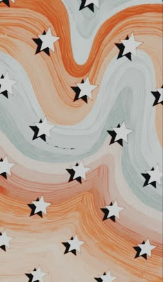 an abstract painting with stars in the sky and waves painted on it's surface