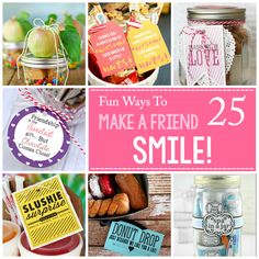 the words fun ways to make a friend smile are shown in this collage with images