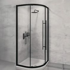 a corner shower stall in a bathroom with white walls and floor tiles on the wall