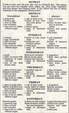 Old-fashioned diet plan, can't remember where I found this. 1950s Diet, Slim Fast Diet Plan, Mayo Clinic Diet, Slim Fast Diet, 1200 Calorie Diet Plan, Bariatric Diet, 1200 Calorie, Weekly Meal Plan