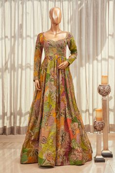 Aisha Rao, Long Anarkali Dress, Long Anarkali Gown, Yellow Kurta, Printed Anarkali, Long Gown Dress, Long Dress Design