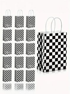 four black and white checkered paper bags next to each other on a reflective surface