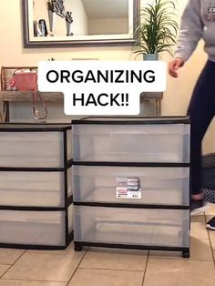 a woman standing next to two drawers with the words organizing hack