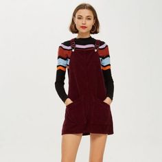 Brand New With Tags Tall Pinafore Dress With Front Pocket Detail. 100% Cotton. Machine Wash. Colour: Burgandy Outfit With Stockings, Pinafore Outfit, Cord Pinafore Dress, Corduroy Pinafore, Corduroy Pinafore Dress, Proper Attire, Clothing Subscription, Clothing Sites, Topshop Dresses