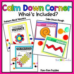 three different posters with the words calm down corner and what's included