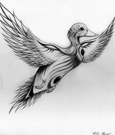 a drawing of a bird flying with its wings spread out to the side and eyes open