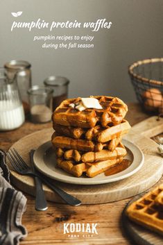 Pumpkin Protein Waffles Pumpkin Waffles Healthy, Pumpkin Protein Waffles, Protein Mix Recipes, Fall Waffles, Pumpkin Waffles Recipe, Low Calorie Pumpkin, Pumpkin Protein, Protein Waffles, Waffles Recipe