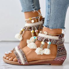 New Without Tags. Super Cute And Comfy Tassel Sandals With Back Zip Up. Bohemian Beaded Sandals For Spring, Open Toe Sandals With Tassels, Spring Flat Heel Sandals With Tassels, Casual Sandals With Tassels And Round Toe, Casual Flat Heel Sandals With Tassels, Spring Fringe Sandals With Round Toe, Casual Fringe Open Toe Sandals, Summer Fringe Sandals With Round Toe, Casual Flat Sandals With Tassels