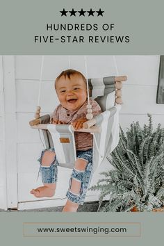 Happy boy swinging in his Wide Gray & White Sweet Swinging Swing, smiling ear to ear. Hundreds of 5-star reviews! Camping Nursery, Nature Inspired Nursery, Goose Nursery, Safe Playground, Front Porch Swing, Montessori Playroom, Baby Swing, Woodland Animal Prints, Dinosaur Nursery