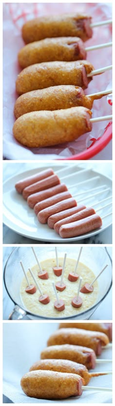 hot dogs are being cooked on skewers with sauce and toothpicks in them