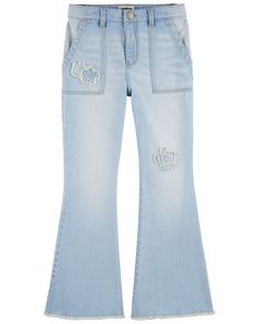 These mid-rise jeans are iconic for so many reasons, starting with cool floral patches, an on-trend flare style and stretch denim for ultimate comfort. Plus, they come with a snap button and adjustable waist for the perfect fit. Floral Patches, Denim Flare Jeans, Jeans Light, Denim Flares, Mid Rise Jeans, Shop Clothing, Girls Jeans, Snap Button, Flare Jeans