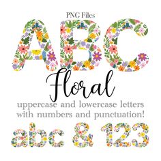 the abc floral font with flowers and punctuals is shown in this example