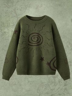 Green Casual Collar Long Sleeve Knitwear Geometric Pullovers Embellished Non-Stretch  Women Clothing Pretty Green Clothing, Green Sweater Aesthetic, Green Aesthetic Clothes, Alien Sweater, Grunge Sweaters, Star Sweaters, Goblincore Clothes, Cool Jumpers