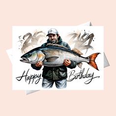 a man holding a big fish on top of a pink background with the words happy birthday written below it