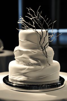 a three tiered white cake with branches on top