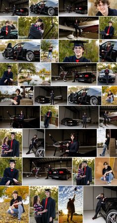 a collage of photos with people and vehicles in the middle one has a dog on his lap