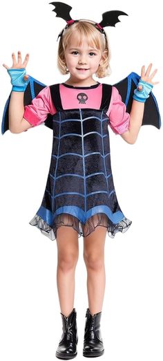 PRICES MAY VARY. Dress Includes: a pair of dress, a headband a bat wing on the back and blue gloves. Design:Inspired by the cartoon charater Bat.Geometric pattern,plaid print,lace mesh hemline,like two-piece set,bat wings,blue gloves. Size:110cm(XSmall):length:25'',bust:23'';120cm(Small):length:26'',bust:25'';130cm(Medium):length:27'',bust:27'';140cm(Largr):length:28'',bust:28'';150cm(x-large):length:29'',bust:29''. Occasion: It's fancy vampire dress for little girl to wear to take part in party Vampirina Costume, School Performance, Vampire Dress, Vampire Halloween Costume, Up Halloween Costumes, Vampire Clothes, Baby Costumes Girl, Blue Gloves, Gloves Design