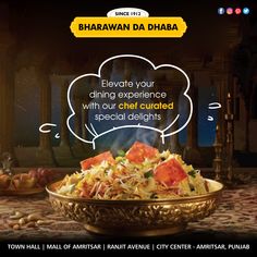 an advertisement for a restaurant called bhakwaan da dhbaa, featuring a bowl of food