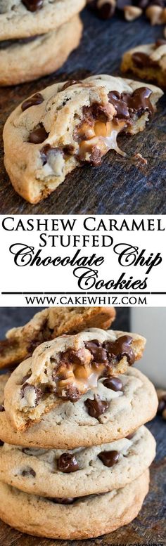 chocolate chip cookies stacked on top of each other with the words cashew caramel stuffed in between them