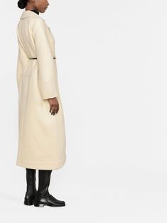 Jil Sander Belted Wool Coat - Farfetch Chic Belted Beige Wool Coat, Classic Beige Wool Coat With Belted Cuffs, Beige Wool Coat With Belted Cuffs For Work, Beige Long Wool Coat With Belted Cuffs, Belted Beige Wool Coat, Beige Belted Long Wool Coat, Beige Long Wool Coat With Concealed Placket, Long Beige Wool Coat For Work, Beige Long Wool Coat For Workwear